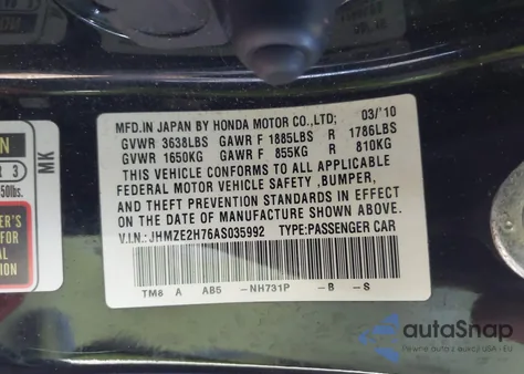 2010 Honda Insight Ex from USA, damaged, VIN JHMZE2H76AS035992